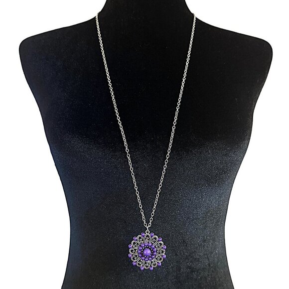Long Length Necklace Silver Tone Purple Pendant - Picture 1 of 3